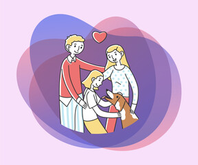 Obraz premium Happy family adopting pet flat vector illustration. Parents and child greeting dog. Abstract image of people with hound. Charity and animal adoption concept.