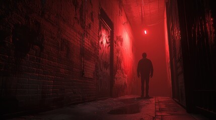 Mysterious figure walking down a dark alley.
