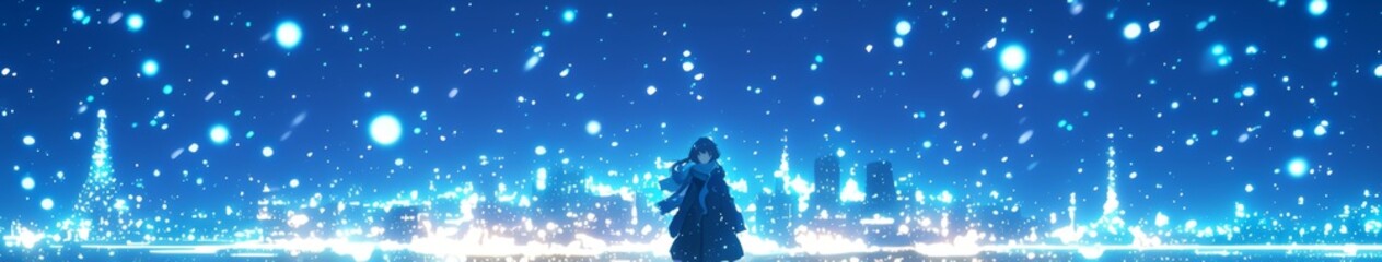 Enchanting Winter Cityscape: Anime-Style Fantasy Night Scene with Gently Falling Snow. Illuminated Urban Silhouettes Reflect Warmth and Tranquility. Perfect for Seasonal Marketing, Holiday Promotions,