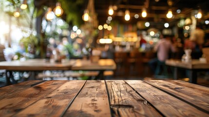 Product display space on wooden table with blurry restaurant background