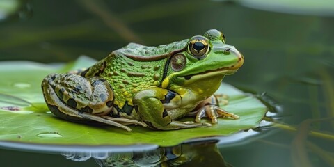 A green frog lounging on a lily pad, observed from an elevated, angled perspective above the water.