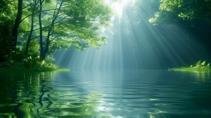 Sunlight Rays Filtering Through Trees and Reflecting on a Still Lake