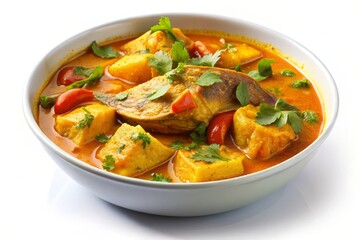 A bowl of flavorful curried fish stew with chunks of fish, potatoes, and vegetables, all simmered in a rich, aromatic curry sauce. This clip art image represents a delicious and satisfying meal, perfe