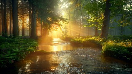 Sunbeams Illuminating a Stream in a Misty Forest