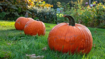 Pumpkins of orange color resting on the lawn