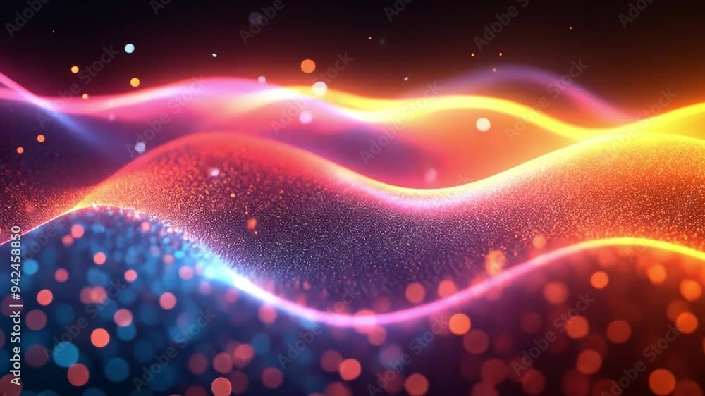 Poster waves of colorful light and shimmering particles blend together, creating a mesmerizing visual effec