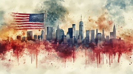 Fototapeta premium Artistic Watercolor Depiction of 90s American Cityscape with Citizens, Iconic Buildings, and Monuments, Featuring the American Flag Waving in the Background