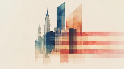 Artistic Watercolor Depiction of 90s American Cityscape with Citizens, Iconic Buildings, and Monuments, Featuring the American Flag Waving in the Background