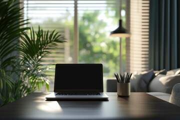 Workspace tabletop with laptop mockup against blurred background of contemporary living room with generative ai