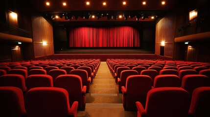 Elegant Theater Interior: Grand Stage with Red Velvet Curtains, Plush Seating, and Exquisite Architectural Details, Capturing the Classic Ambiance of a Prestigious Venue
