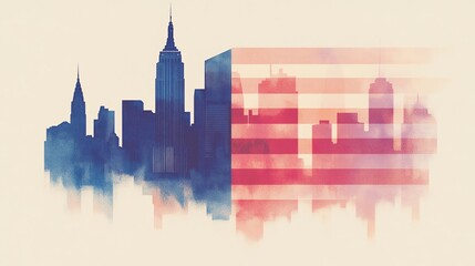 Obraz premium Artistic Watercolor Depiction of 90s American Cityscape with Citizens, Iconic Buildings, and Monuments, Featuring the American Flag Waving in the Background