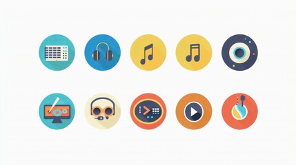 Colorful music and audio icons set.