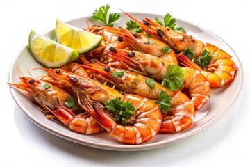 A plate of grilled prawns, garnished with fresh parsley and lime wedges. The prawns are cooked to perfection, with a juicy and flavorful interior. A delicious and healthy seafood dish, perfect for a l