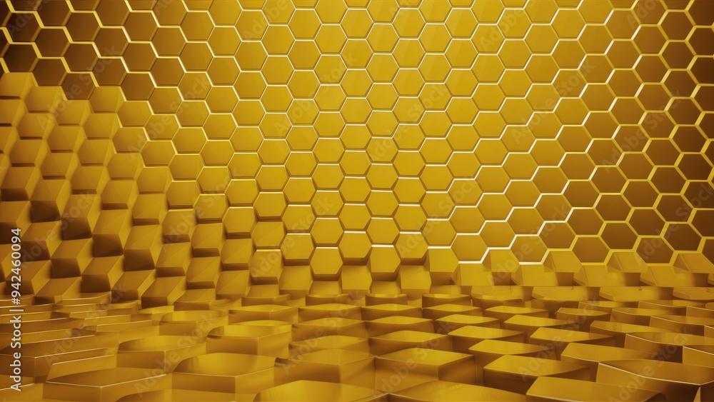 Poster  Abstract Yellow Honeycomb Pattern. Hexagonal Geometric Shapes. Contemporary Design Template for Reports and Presentations. Sci-Fi Futuristic Style. 3D Rendered Visual.