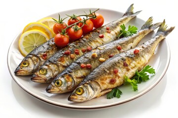 Four grilled sardines, seasoned with red pepper flakes and pine nuts, are arranged on a white plate with lemon wedges and cherry tomatoes. The dish represents a healthy and flavorful meal, highlightin