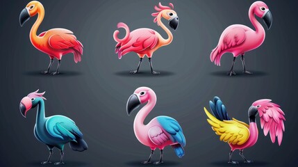 Obraz premium Colorful Cartoon Flamingos and Bird.