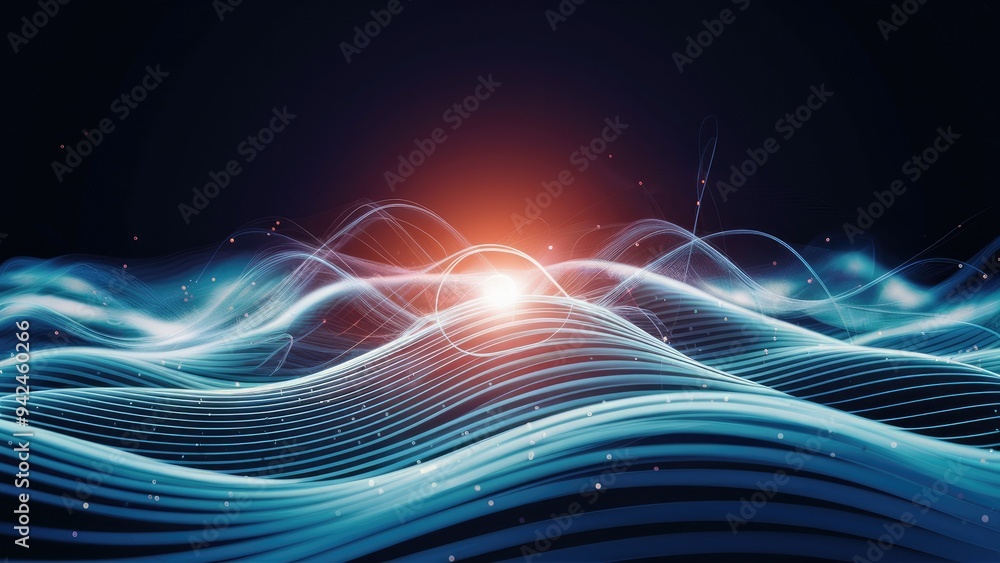 Poster abstract background featuring luminous blue energy waves created by small particles and lines.
