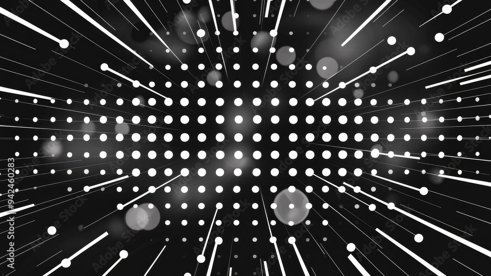 Poster abstract background featuring dots and lines in a black and white theme with light rays and bokeh ef
