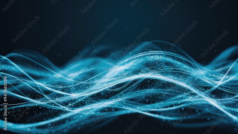 Poster abstract background featuring luminous blue energy waves created by small particles and lines.