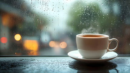 A steaming cup of coffee sits on a windowsill, with rain drops on the window and a blurred city background.