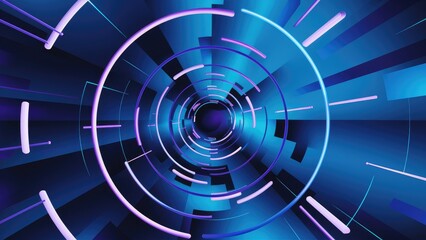 Abstract blue digital tunnel featuring geometric round shapes. Neon purple and lilac rings and circles rotate against a vibrant ultramarine gradient backdrop. Perfect for modern presentation designs
