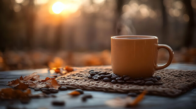 A steaming cup of coffee sits on a burlap coaster with coffee beans and fall leaves.
