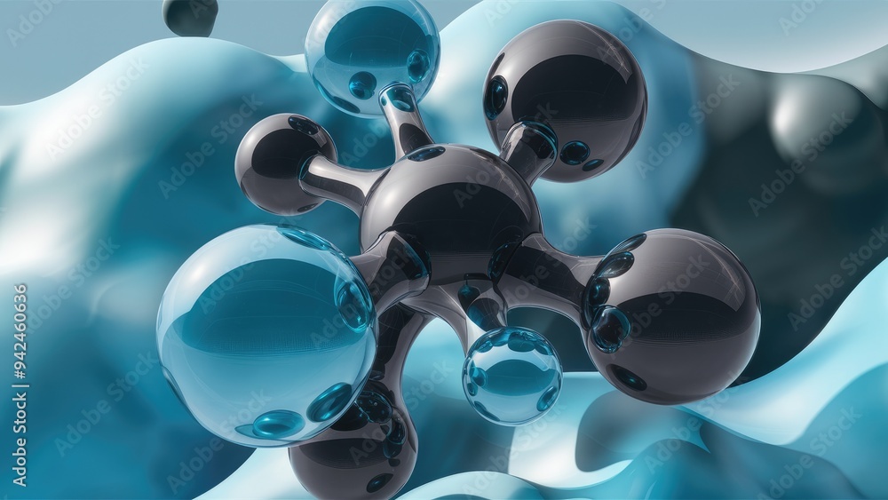Poster abstract blue interconnected glass bubbles molecule background. concept of abstraction and creativit
