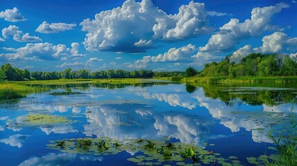 Reflection of clouds over a lake with vibrant greenery and intriguing horizon