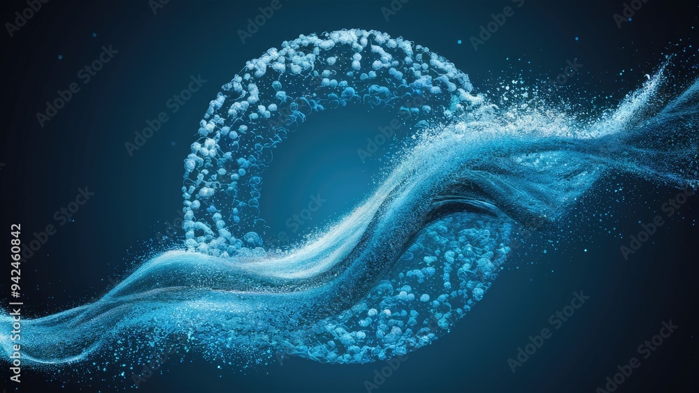 Poster abstract circle of blue particles creating a dynamic wave. 3d rendering of a vibrant backdrop.