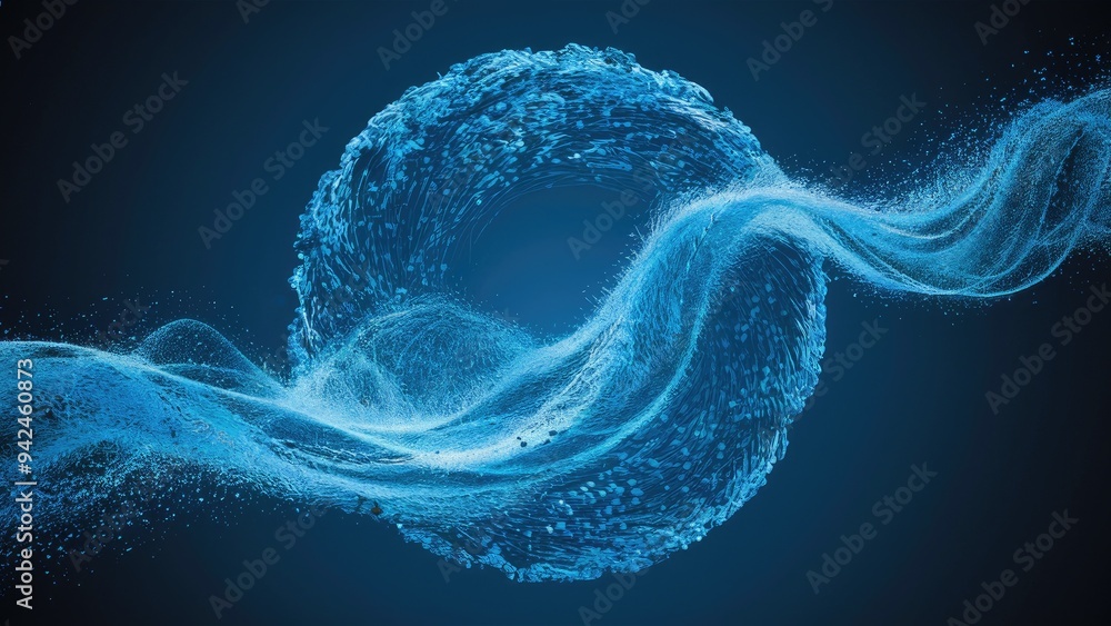 Poster abstract circle of blue particles creating a dynamic wave. 3d rendering of a vibrant backdrop.