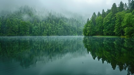 Obraz premium Reflection of trees in a lake during rain