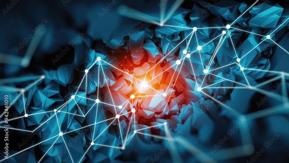 Poster abstract connection background featuring interconnected lines and dots that form a futuristic geomet