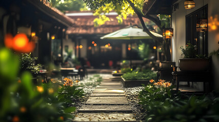 Fototapeta premium A stone pathway leads through a lush courtyard with a cafe in the background.