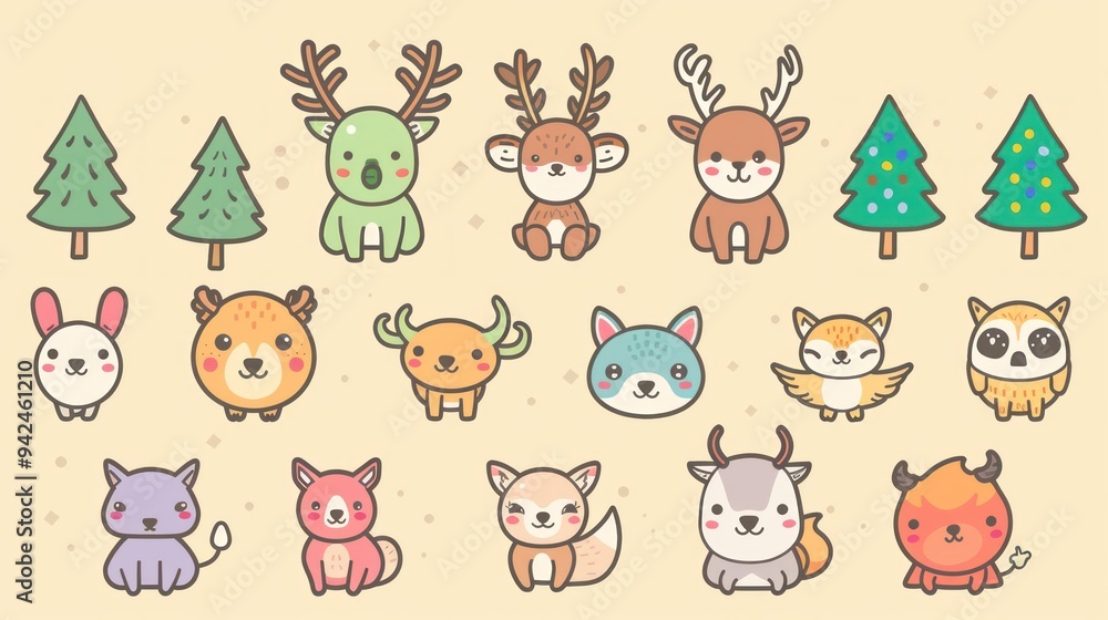 Wall mural Cute cartoon animals with woodland and Christmas themes.