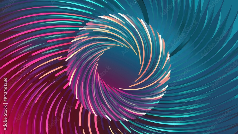 Poster abstract design featuring a series of colorful wave lines creating a distorted circular shape. blend