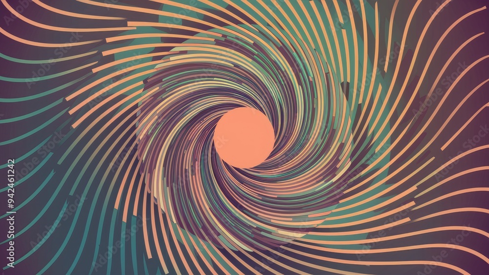 Poster abstract design featuring a series of colorful wave lines creating a distorted circular shape. blend