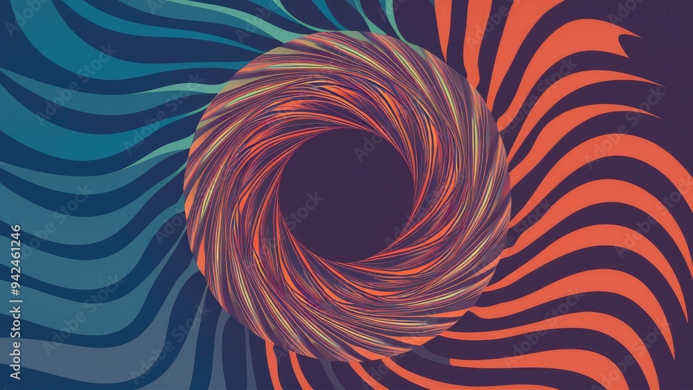 Fototapete Abstract design featuring a series of colorful wave lines creating a distorted circular shape. Blend Tool effects. Ideal for copy space.