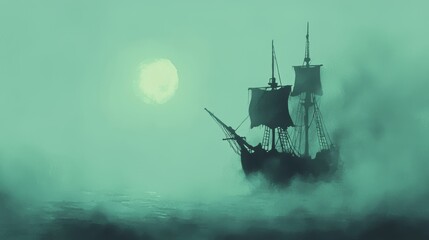 Fototapeta premium Mystical Sailing Ship in Eerie Green Fog Under a Full Moon at Night