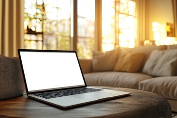 Fototapeta premium Workspace with white screen laptop mockup and copy space on table with blurred living room background with generative ai