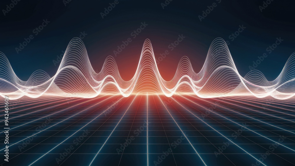 Poster  Abstract digital image featuring dynamic sound waves over a grid pattern. Visual representation of movement and rhythm.