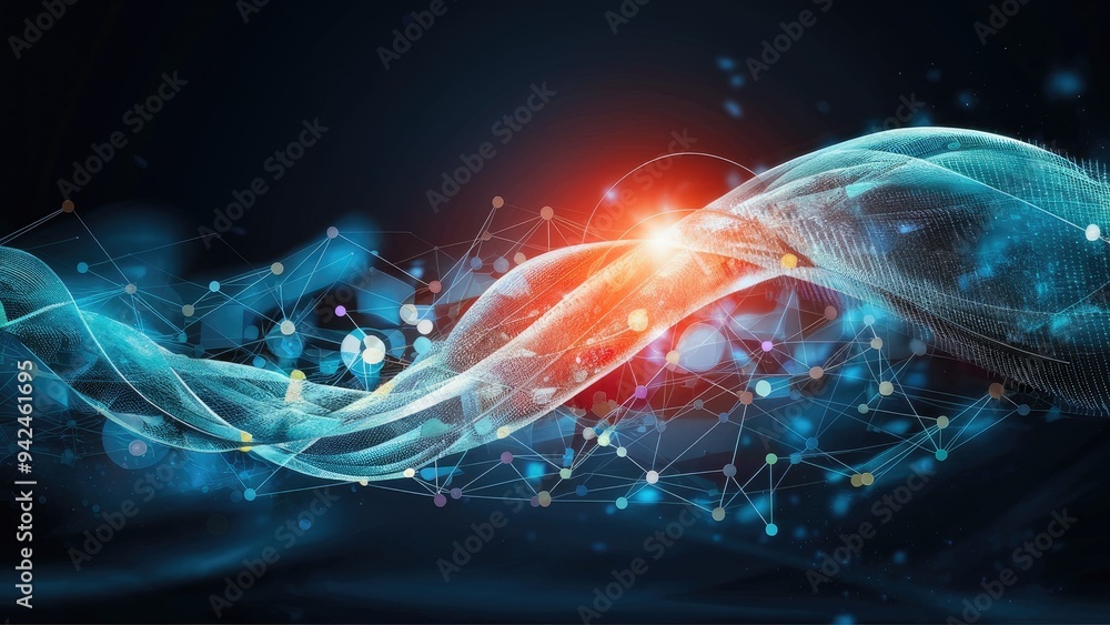 Poster abstract digital technology concept featuring a flowing wave of data with interconnected polygons, d