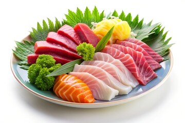 A vibrant assortment of raw fish sashimi, featuring tuna, salmon, and white fish, meticulously arranged on a plate with fresh garnishes. The sashimi slices are thinly cut, showcasing their delicate te