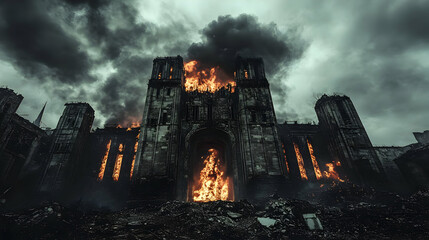 Fototapeta premium A towering gothic cathedral engulfed in flames, with dark clouds billowing in the sky.