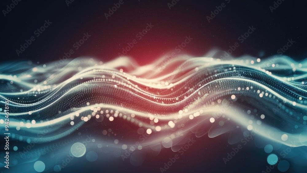 Poster abstract energy surface featuring dynamic waves of particles and dots with a soft blur and glowing e