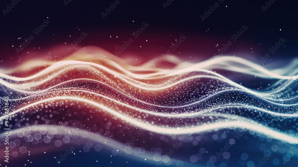 Poster abstract energy surface featuring dynamic waves of particles and dots with a soft blur and glowing e