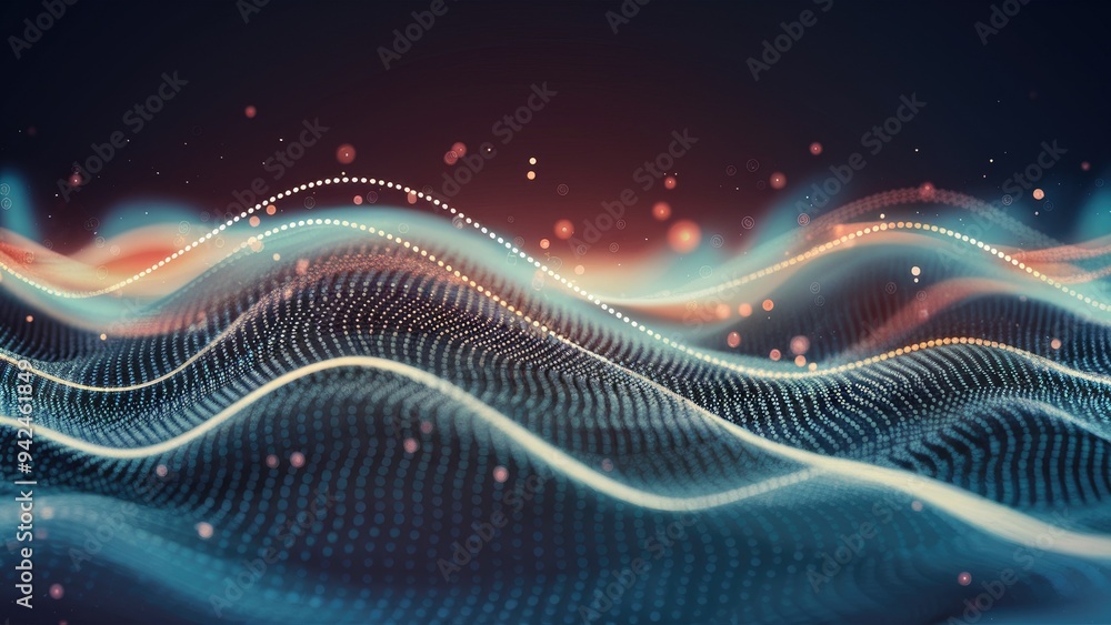 Poster abstract energy surface featuring dynamic waves of particles and dots with a soft blur and glowing e