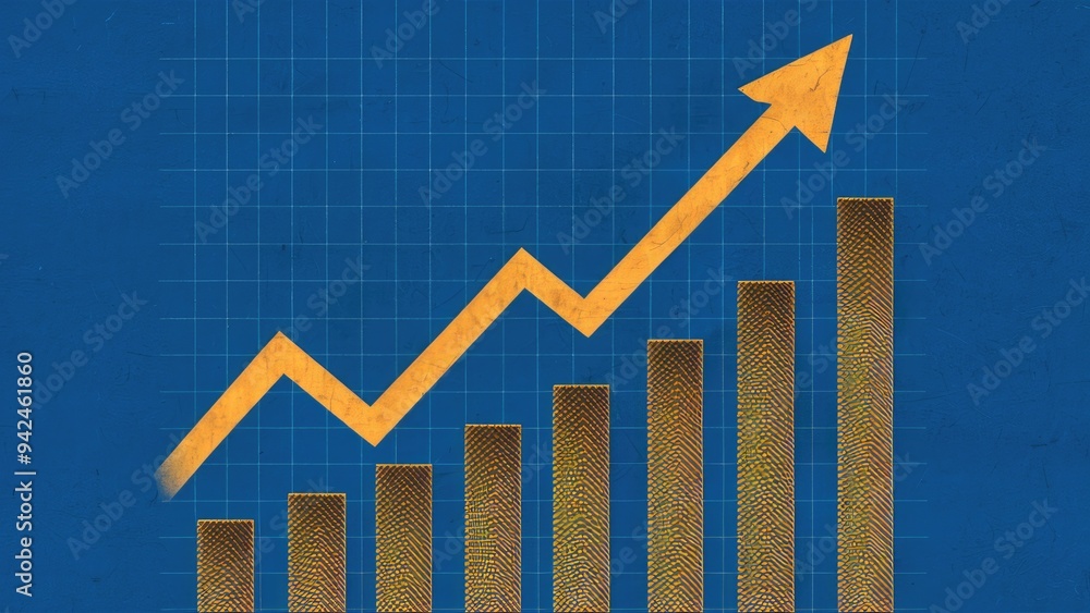 Poster abstract financial graph featuring an upward trend line and a bar chart representing stock market pe