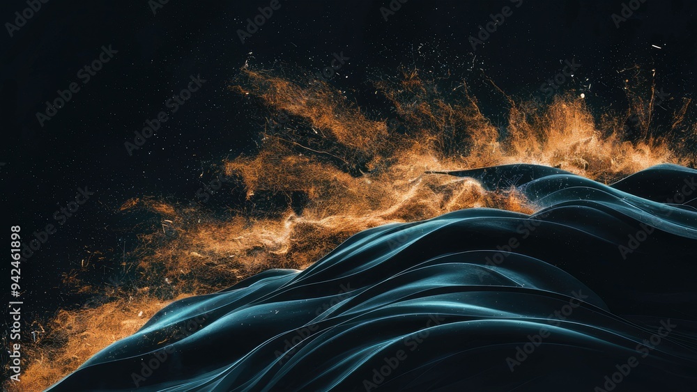 Poster abstract flowing black digital technology background with dynamic particles and grunge dust effects.
