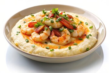 A close-up shot of a plate of shrimp and grits, a classic Southern dish, featuring fresh shrimp, creamy grits, and a flavorful sauce. The dish is presented on a white background, highlighting its vibr