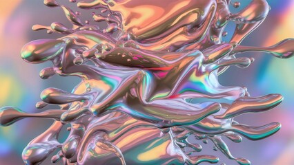 Abstract fluid holographic background featuring 3D liquid splashes in rainbow pastel colors, with iridescent gradient and colorful amorphous shapes. Ideal for use in posters and creative designs.